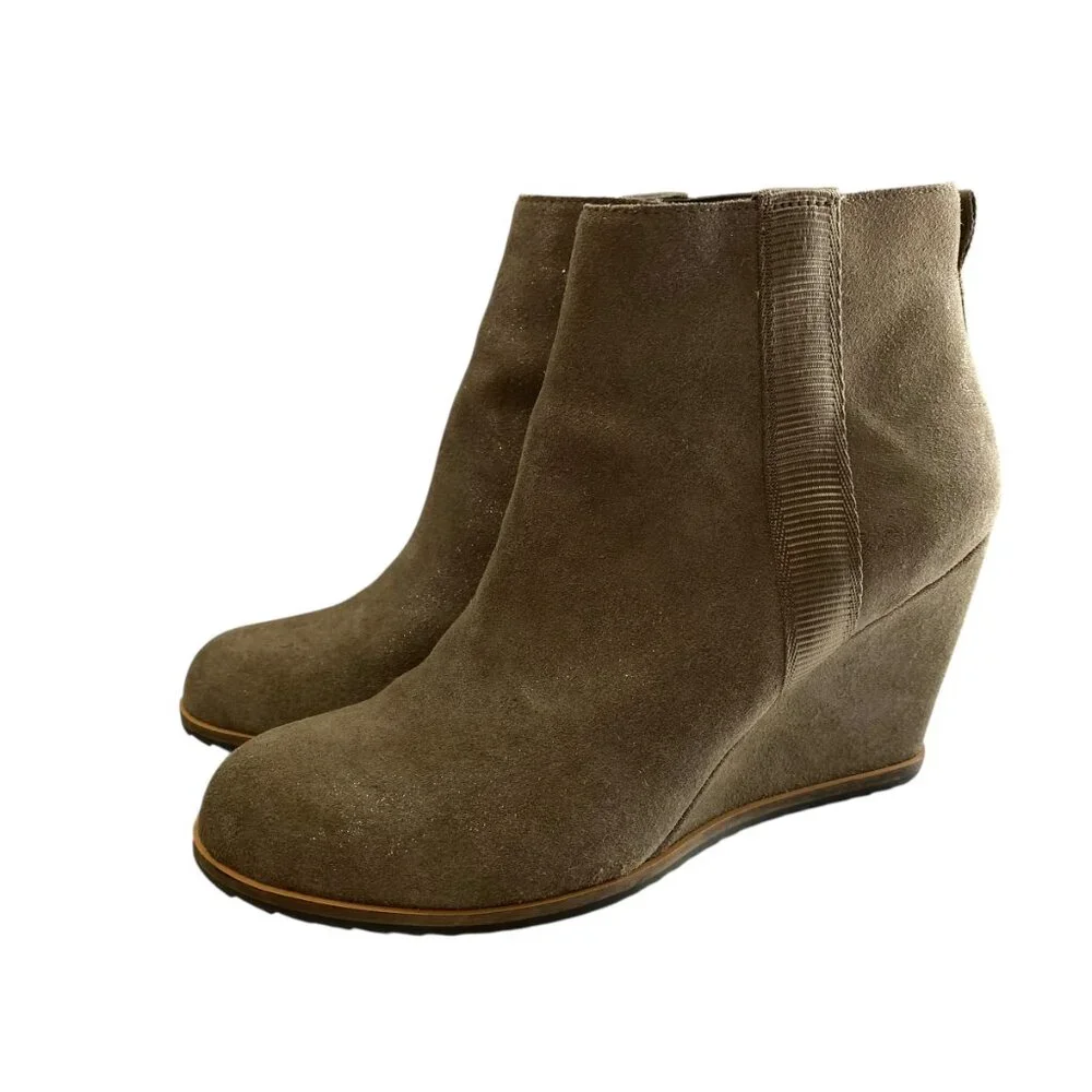 Linea‎ Paolo Suede Leather Wedge Ankle Booties Womens 9M Taupe Shimmer Zipper